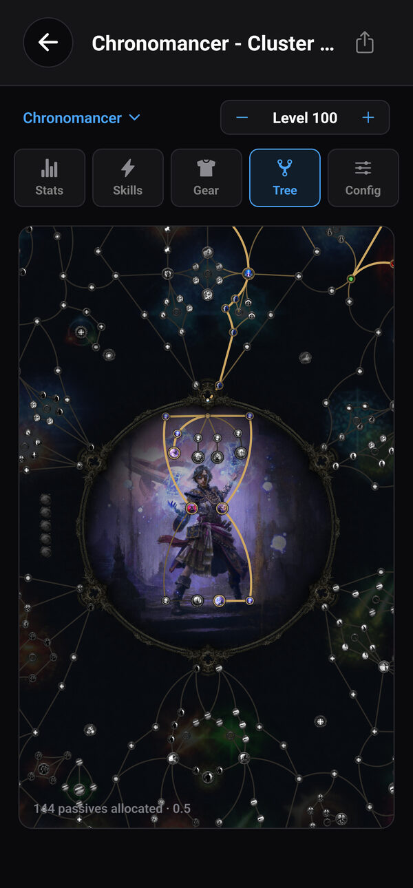 Path of Exile 2 passive skill tree with the Chronomancer ascendancy in the Build Planner