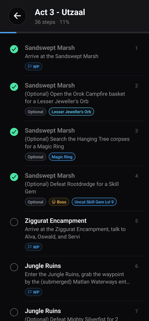 Campaign guide steps with quest rewards and waypoints