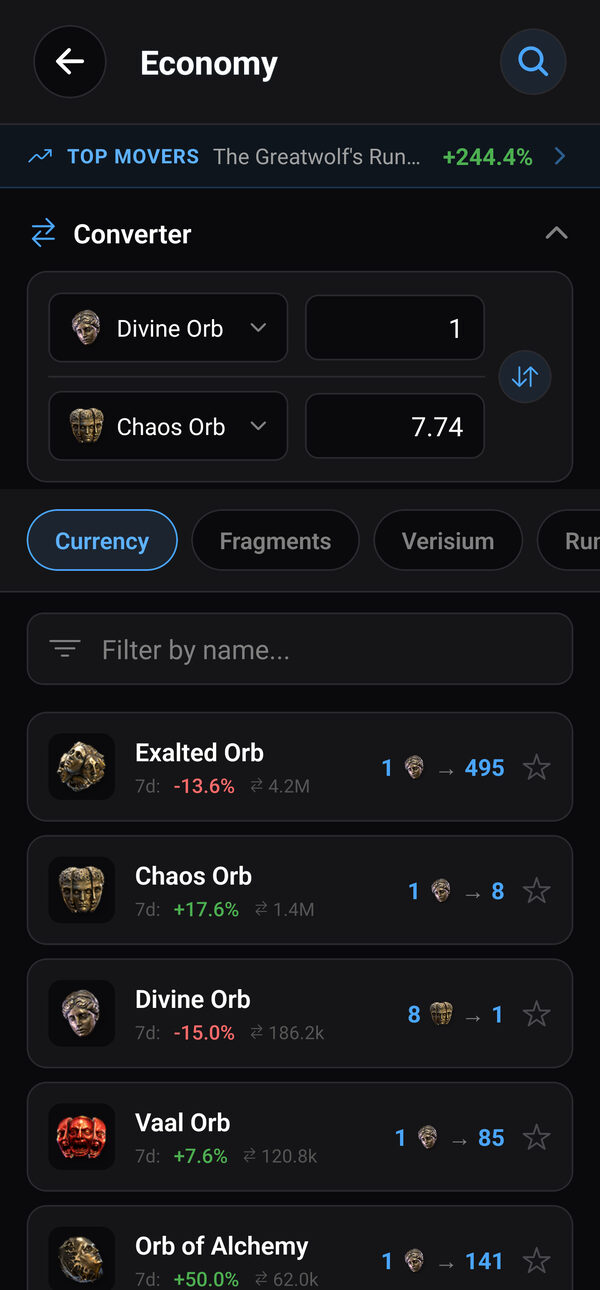 Live Path of Exile currency prices with converter and weekly change