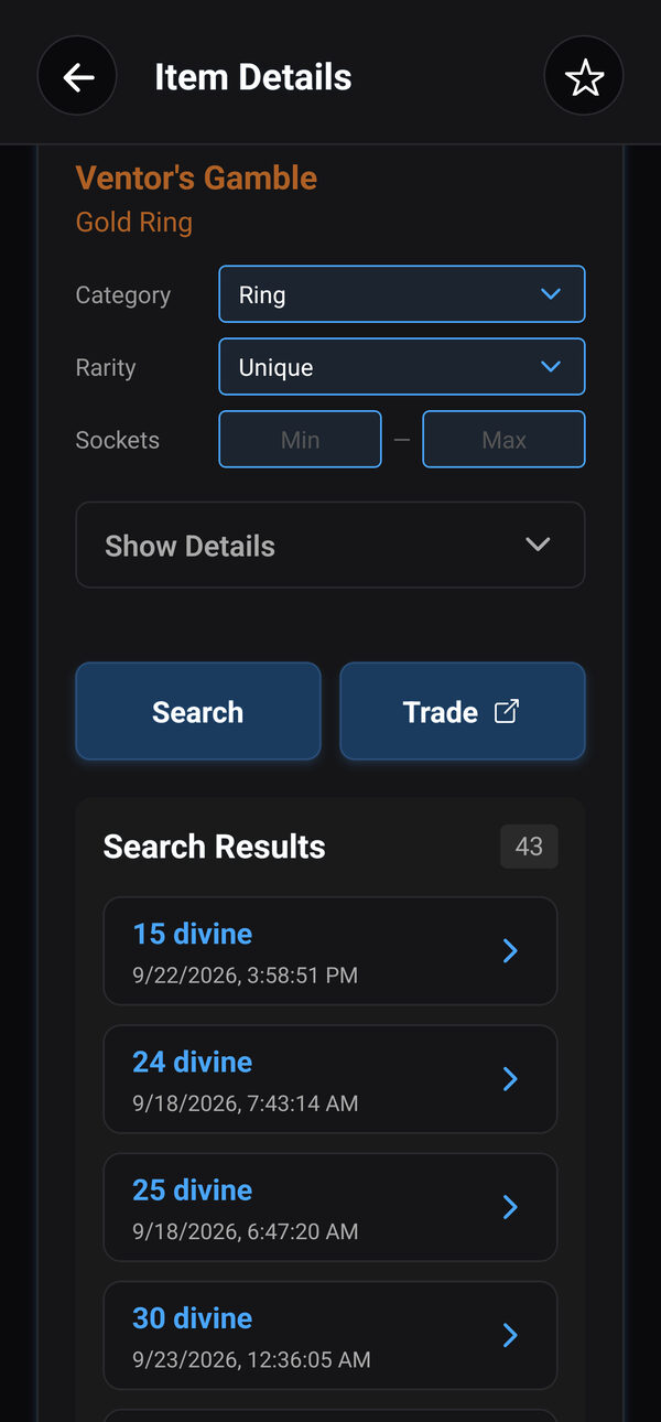 Price check result for a unique ring with trade listings in divine orbs