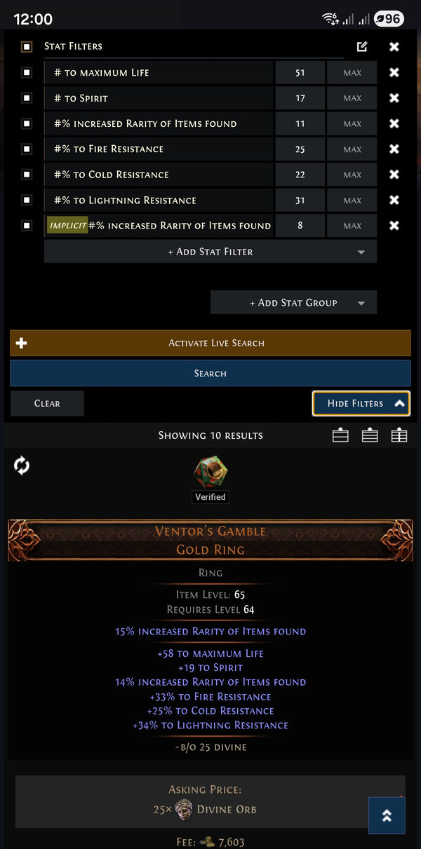 The official Path of Exile trade site opened with the scanned item's filters already set